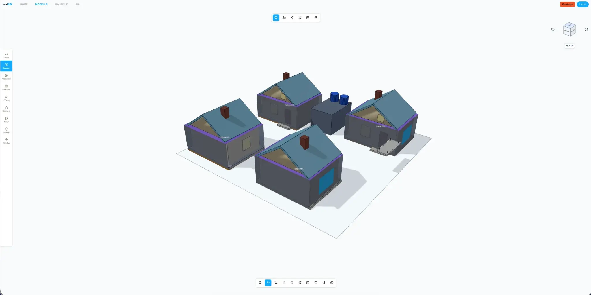 realBIM im Browser: 3D-Modell mehrerer Gebäude mit Werkzeugleiste
