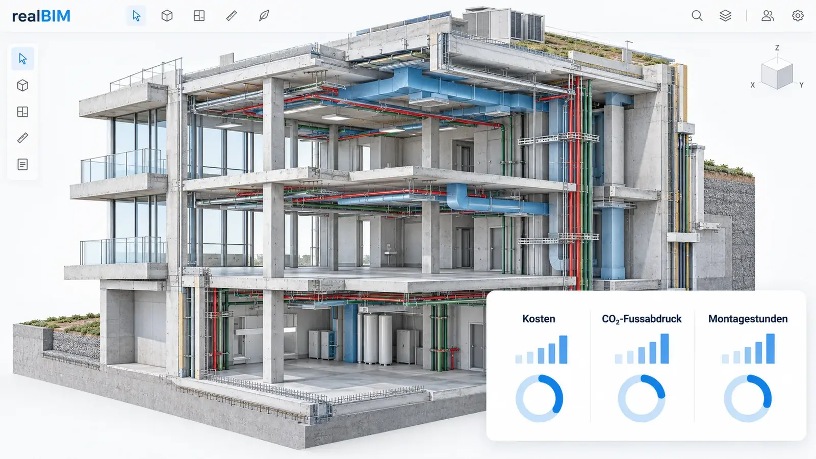 Ein realBIM-Gebäudemodell mit Kennzahlen für Kosten, CO₂-Fussabdruck und Montagestunden rechts unten.