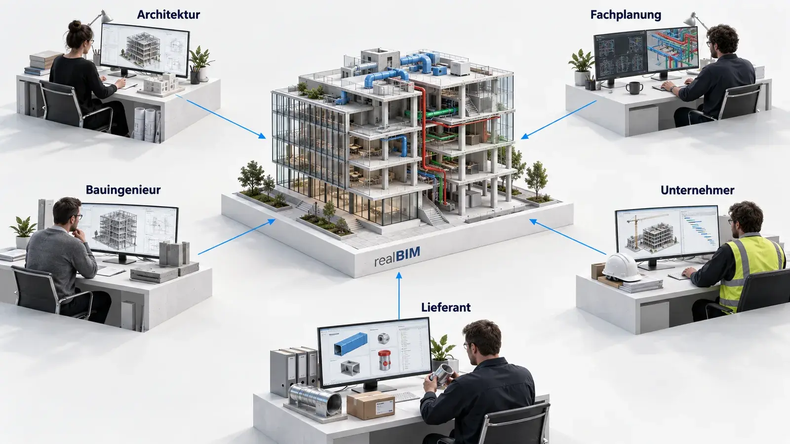 Architektur, Fachplanung, Bauingenieur, Unternehmer und Lieferant sind mit einem gemeinsamen Gebäudemodell verbunden.